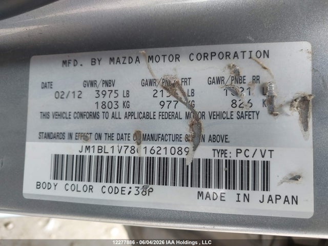Aukcja sprzedaży 2012 Mazda 3 I, vin: JM1BL1V78C1621089, numer aukcji: 12277886