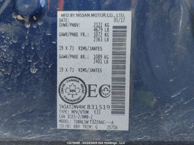 5N1AT2MV4HC831519 Nissan Rogue Sv/sl