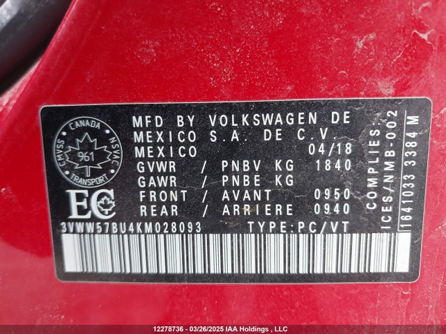3VWW57BU4KM028093 Volkswagen 1.4 tsi