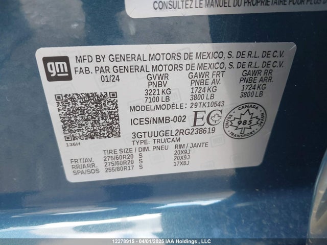 2024 Gmc Sierra 1500 მანქანა იყიდება აუქციონზე, vin: 3GTUUGEL2RG238619, აუქციონის ნომერი: 12278915