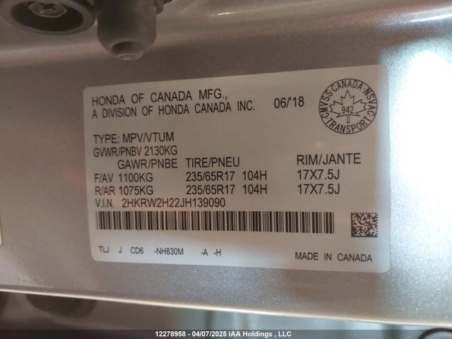 2HKRW2H22JH139090 Honda CR-V LX