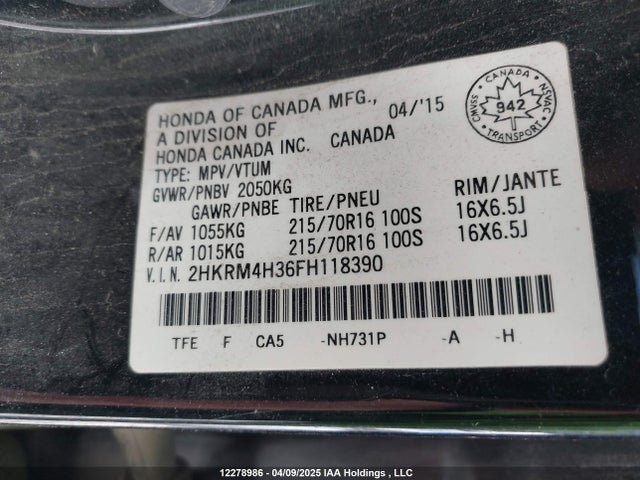 2HKRM4H36FH118390 Honda k24w9