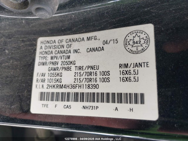 2HKRM4H36FH118390 Honda k24w9
