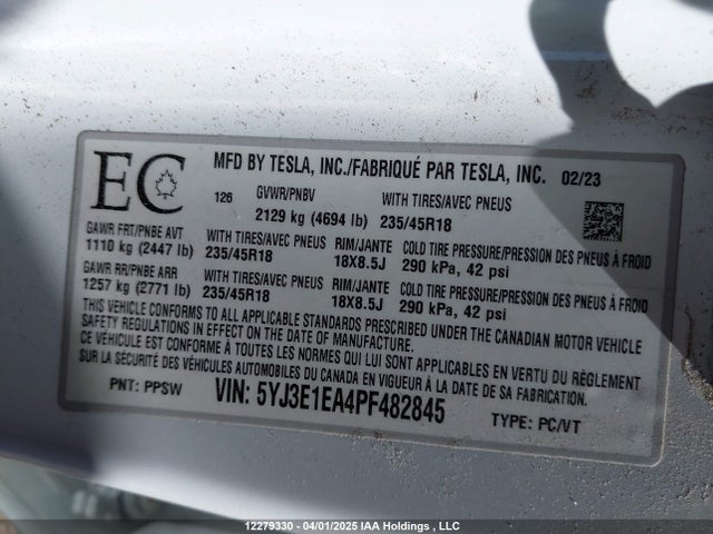12279330 :رقم المزاد ، 5YJ3E1EA4PF482845 vin ، 2023 Tesla Model 3 مزاد بيع