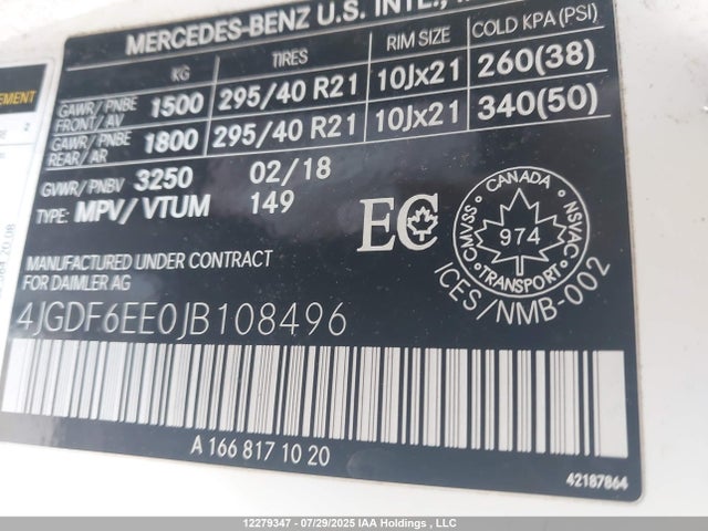 4JGDF6EE0JB108496 Mercedes-Benz m276
