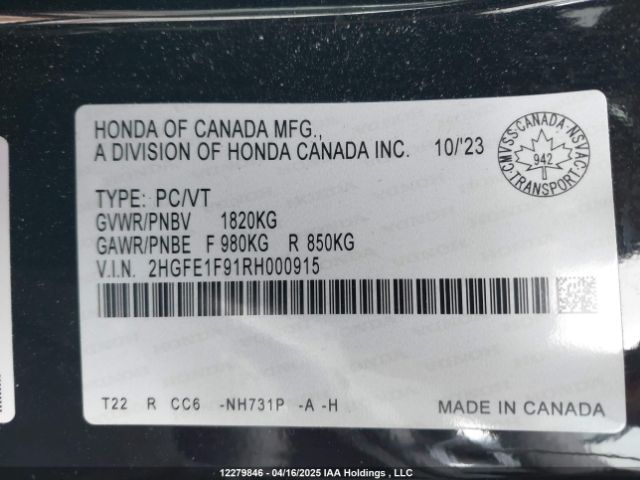 2HGFE1F91RH000915 Honda l15b7