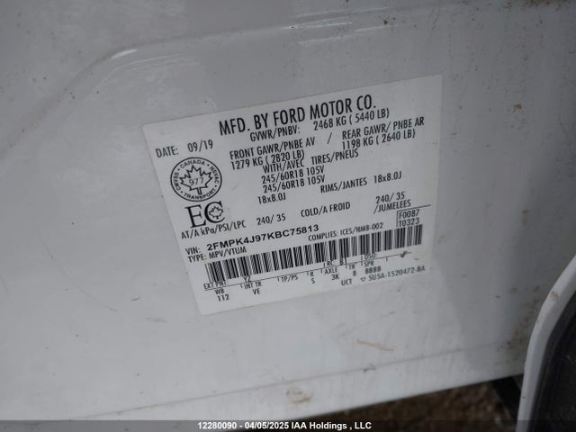 2FMPK4J97KBC75813 Ford 2.0l gtdi w/premium fuel