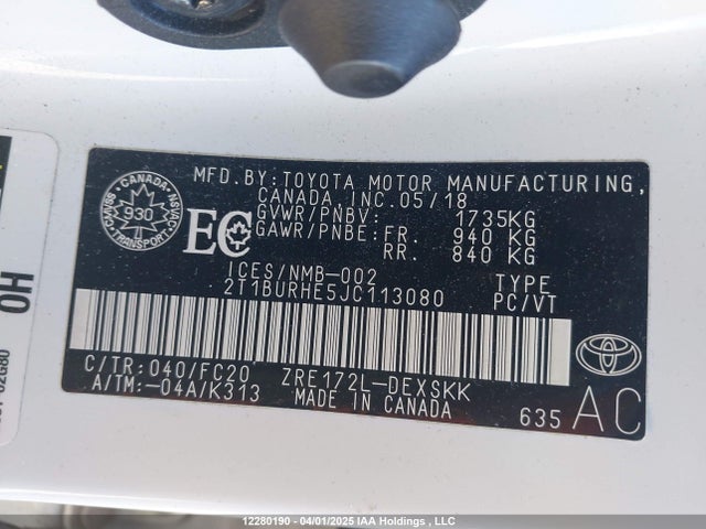 2T1BURHE5JC113080 Toyota 2zr-fe