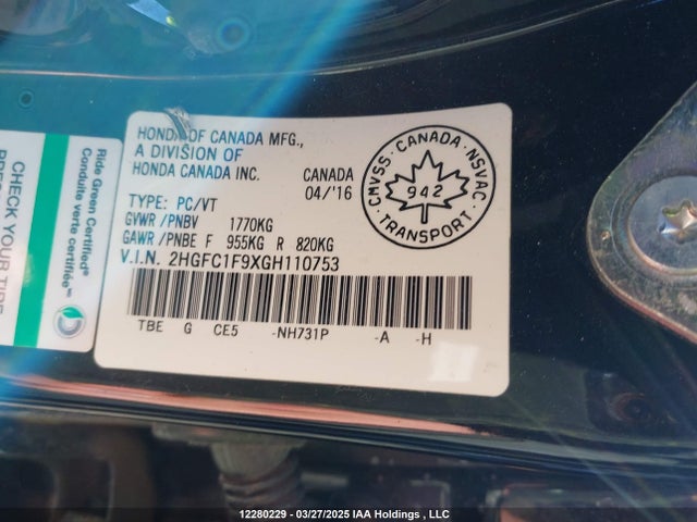 2HGFC1F9XGH110753 Honda l15b7