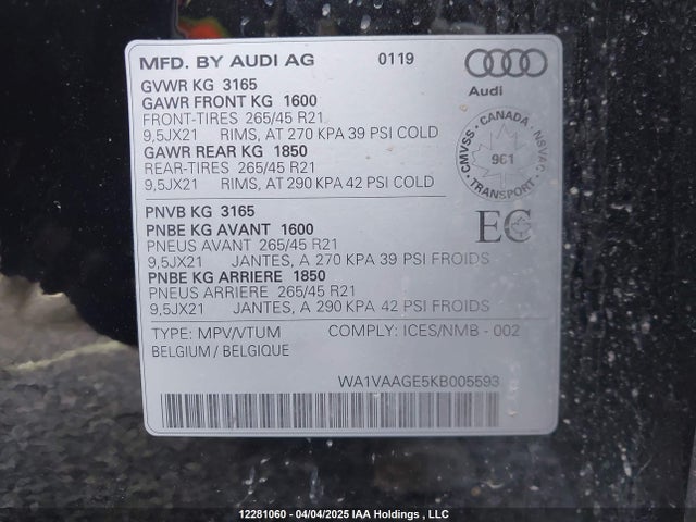WA1VAAGE5KB005593 Audi E-Tron
