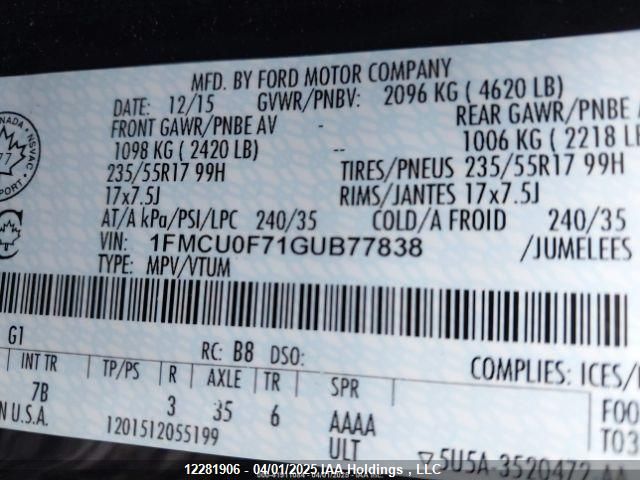 1FMCU0F71GUB77838 Ford ESCAPE S