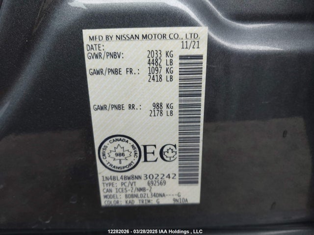 1N4BL4BW8NN302242 Nissan Altima