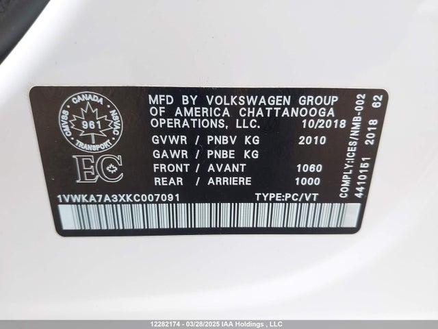 1VWKA7A3XKC007091 Volkswagen Passat
