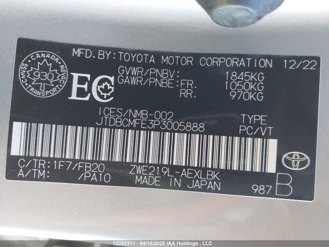 JTDBCMFE3P3005888 Toyota 2zr-fxe, 1vm