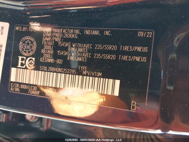 5TDLZRBH0NS252295 Toyota Highlander