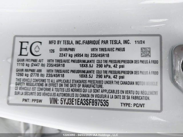 Tesla MODEL 3 2025 5YJ3E1EA3SF897535 Image 9