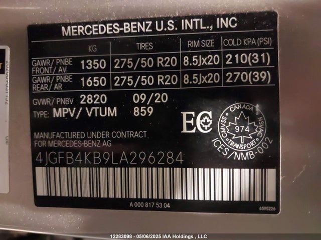 4JGFB4KB9LA296284 Mercedes-Benz m264
