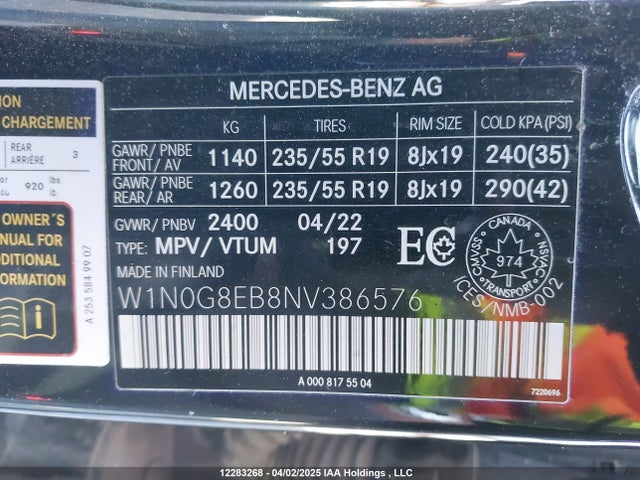 W1N0G8EB8NV386576 Mercedes-Benz m274