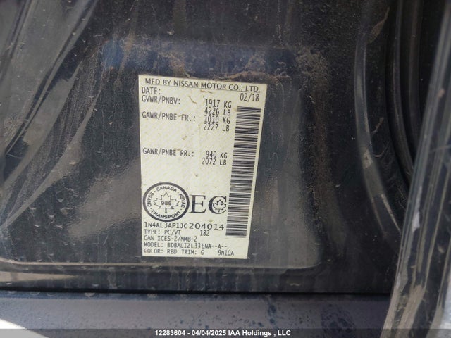 2018 Nissan Altima მანქანა იყიდება აუქციონზე, vin: 1N4AL3AP1JC204014, აუქციონის ნომერი: 12283604