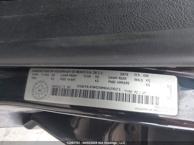 12283783 :رقم المزاد ، 3VWTK49M28M662821 vin ، 2008 Volkswagen City Jetta مزاد بيع