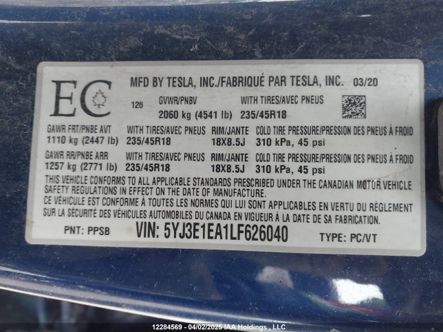 5YJ3E1EA1LF626040 Tesla MODEL 3