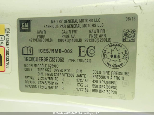1GC0CUEG8GZ337963 Chevrolet l96 - flexible fuel (gas/ethanol), sfi iron