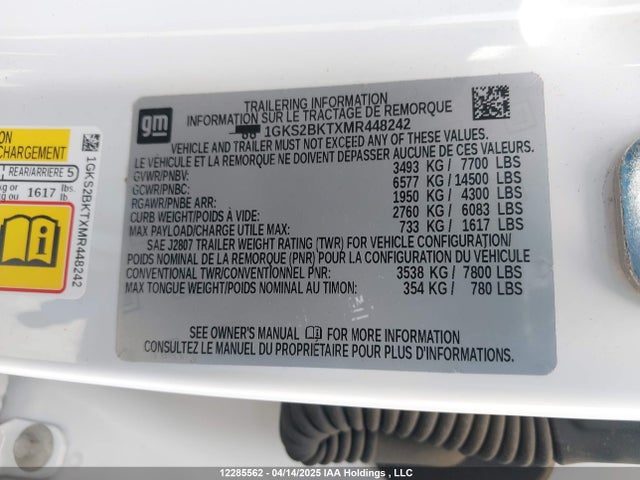 1GKS2BKTXMR448242 GMC lm2 - cri, l6, vgt, alum
