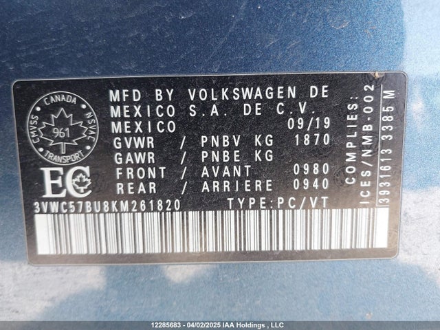 3VWC57BU8KM261820 Volkswagen 1.4 tsi