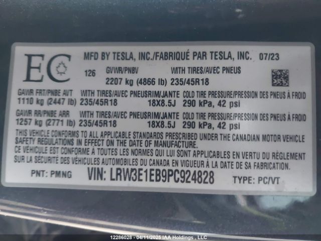 LRW3E1EB9PC924828 Tesla MODEL 3