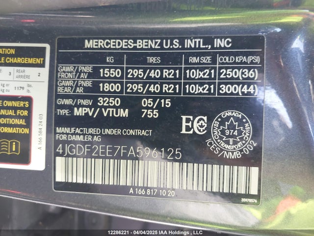 4JGDF2EE7FA596125 Mercedes-Benz 2015