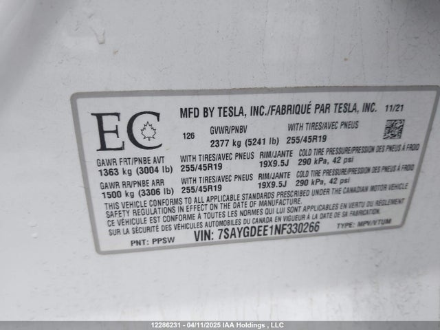 Tesla Model Y 2022 7SAYGDEE1NF330266 Image 9