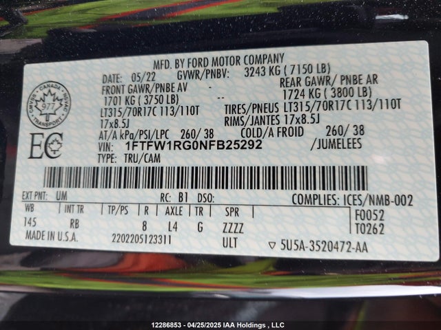 2022 Ford F-150 Raptor მანქანა იყიდება აუქციონზე, vin: 1FTFW1RG0NFB25292, აუქციონის ნომერი: 12286853