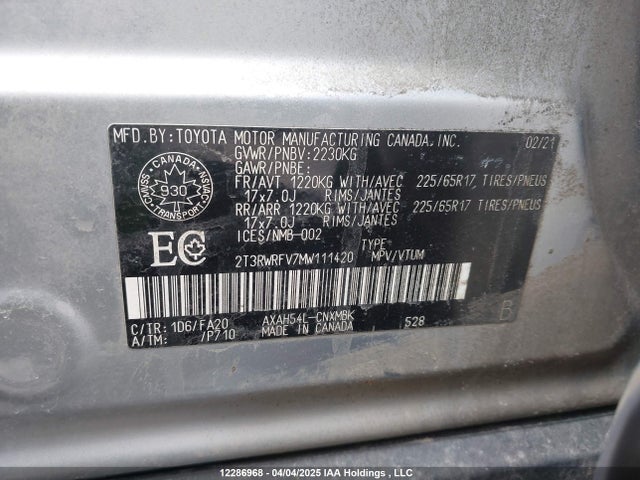 2T3RWRFV7MW111420 Toyota a25a-fxs, 3nm+4nm(ni)