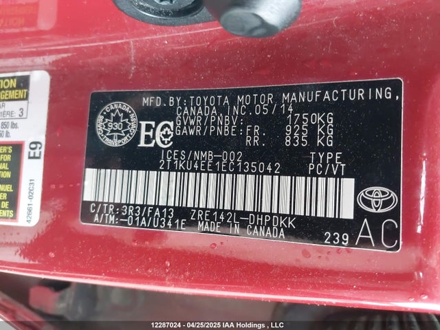 12287024 :رقم المزاد ، 2T1KU4EE1EC135042 vin ، 2014 Toyota Matrix Wagon مزاد بيع