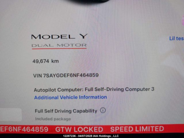 7SAYGDEF6NF464859 Tesla Model Y