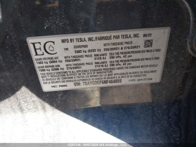 7SAYGDEF6NF464859 Tesla Model Y
