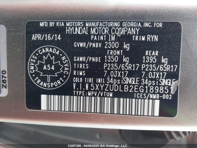 5XYZUDLB2EG189851 Hyundai gdi theta