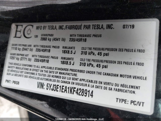 Tesla 2019 2019 5YJ3E1EA1KF428914 Image 9