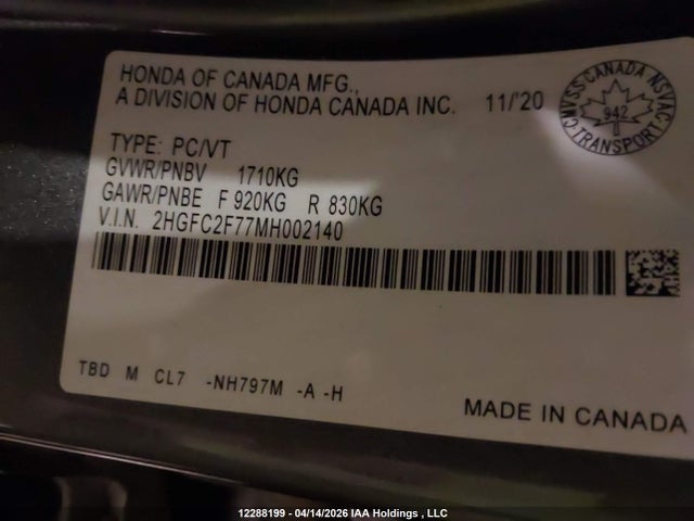 12288199 :رقم المزاد ، 2HGFC2F77MH002140 vin ، 2021 Honda Civic Ex مزاد بيع