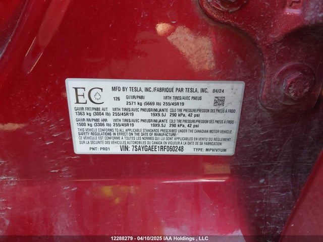 7SAYGAEE1RF060248 Tesla Model Y