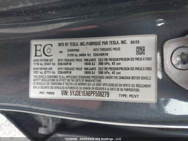 5YJ3E1EA8PF508279 Tesla Model 3 Rwd