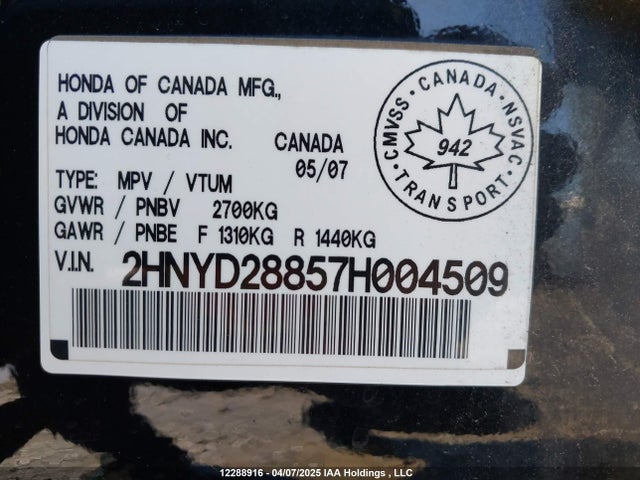 Продаж на аукціоні авто 2007 Acura Mdx Sport, vin: 2HNYD28857H004509, номер лоту: 12288916