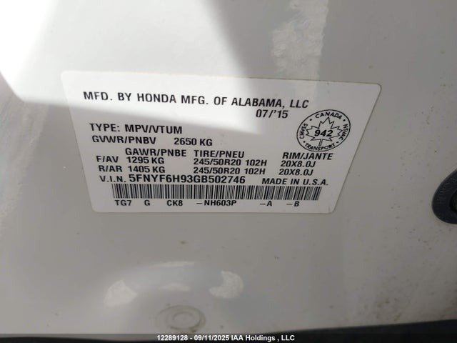 5FNYF6H93GB502746 Honda j35y6
