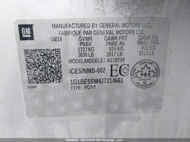 1G1BE5SM4J7214661 Chevrolet le2 -di: direct injection, vvt: variable valve timing, gen, alum