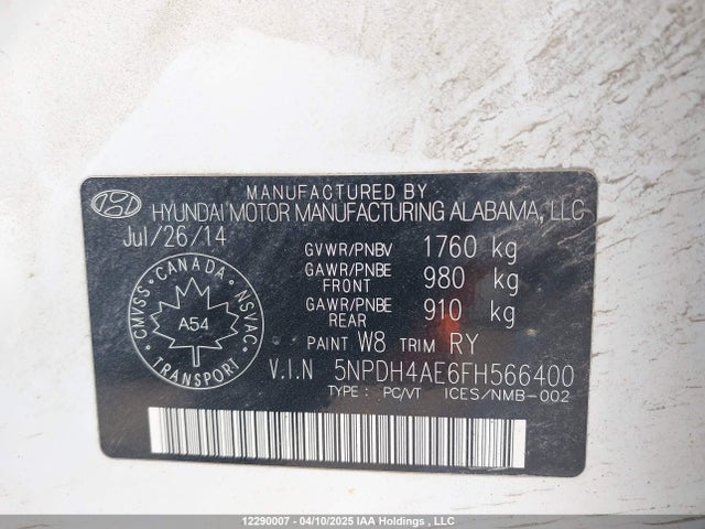 5NPDH4AE6FH566400 Hyundai dohc mpi nu