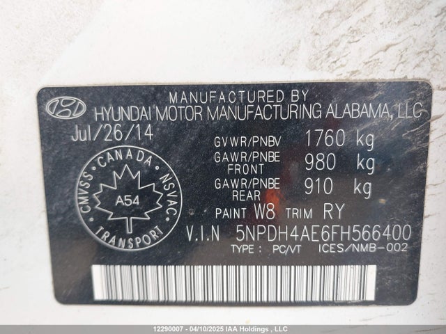 5NPDH4AE6FH566400 Hyundai dohc mpi nu