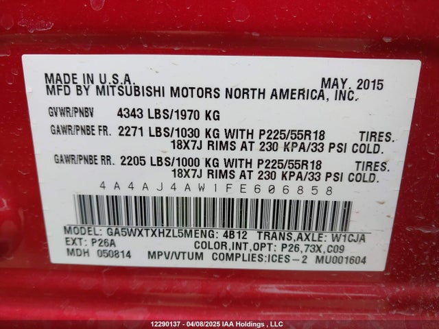 Aukcja sprzedaży 2015 Mitsubishi Rvr Gt, vin: 4A4AJ4AW1FE606858, numer aukcji: 12290137