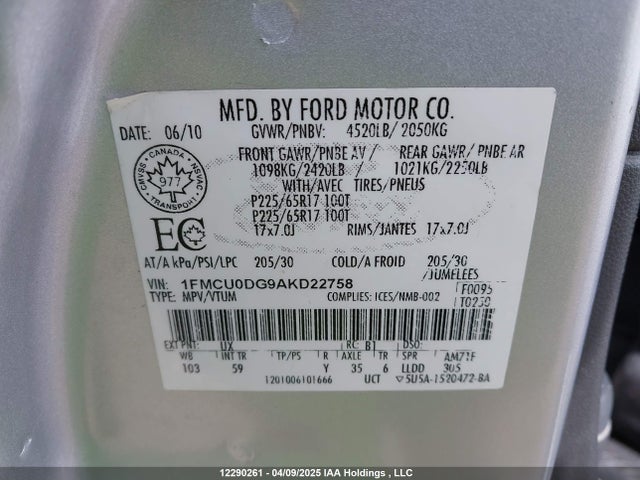 12290261 :رقم المزاد ، 1FMCU0DG9AKD22758 vin ، 2010 Ford Escape Xlt مزاد بيع