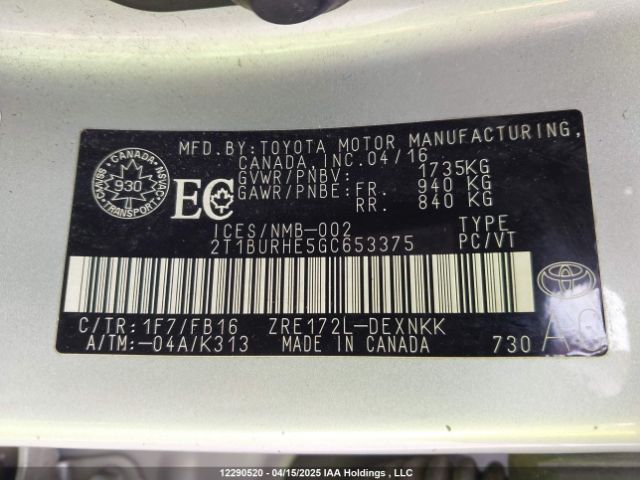 2T1BURHE5GC653375 Toyota COROLLA LE
