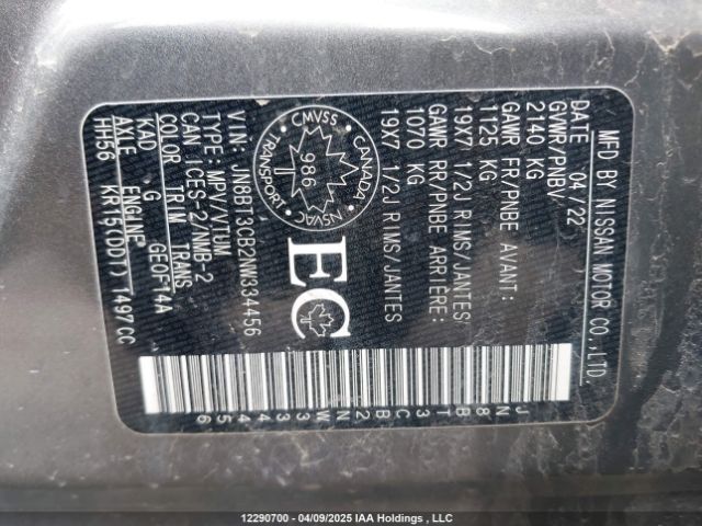 JN8BT3CB2NW334456 Nissan Rogue Sl